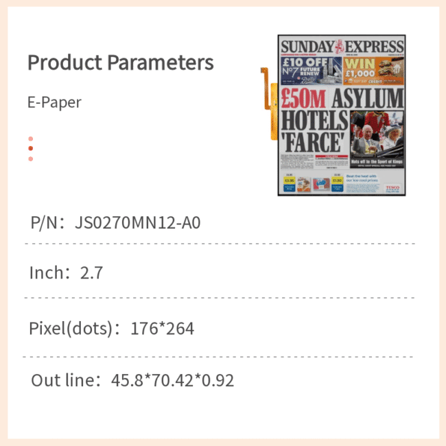 2.7-Inch E-Paper Display (Model: JS0270MN12-A0)