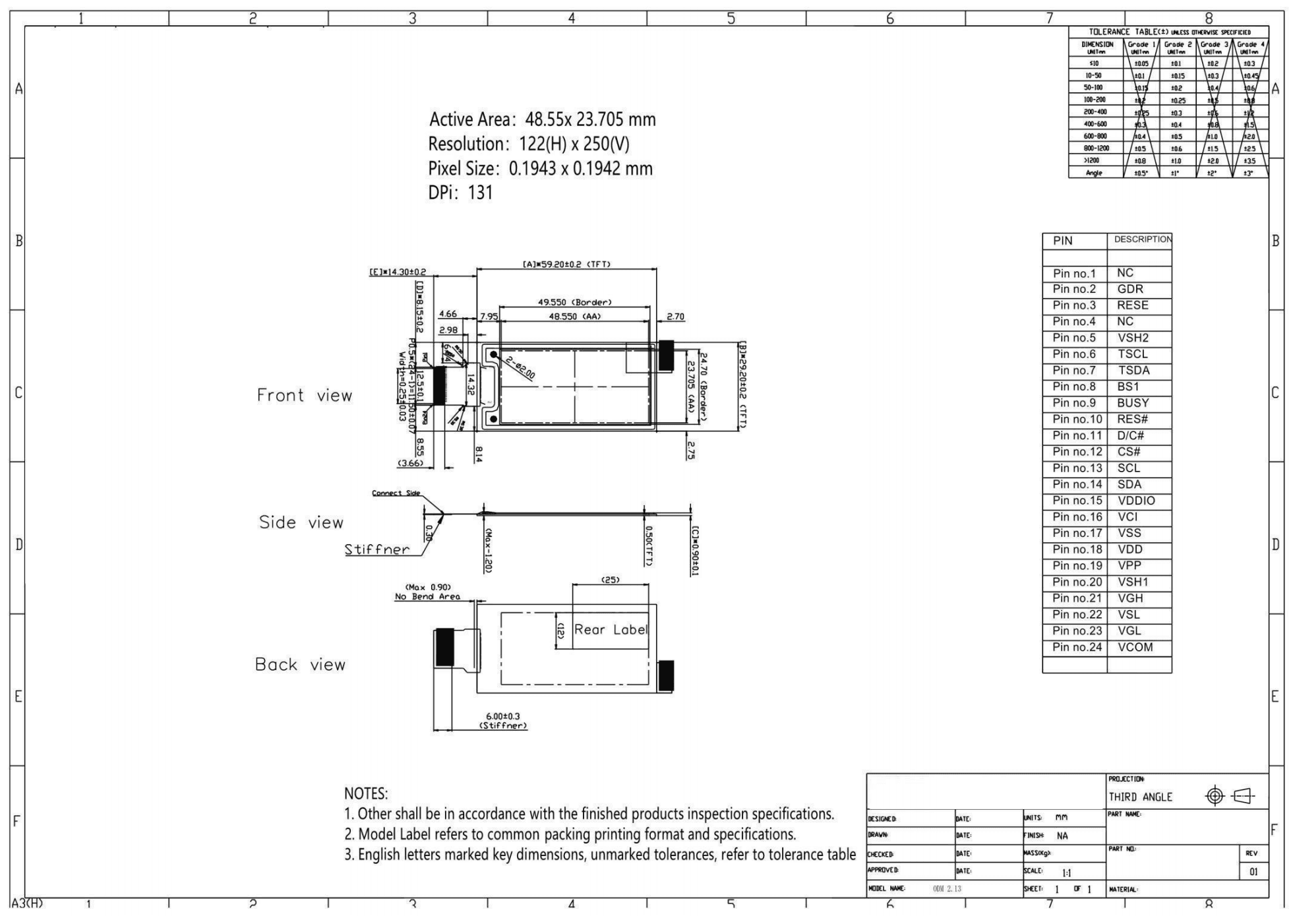 2.13 Inch Three-Color E-Paper Display Module ultra-low power display 4 Drawing-SPEC-JS0213BN01-A0V0.4_24