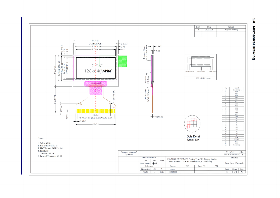 0.96 inch 128*64 IPS OLED display, JS096-2864KSWPG02-H30 3 0.96‑Inch OLED Display ModuleModel: JS096‑2864KSWPG02‑H30